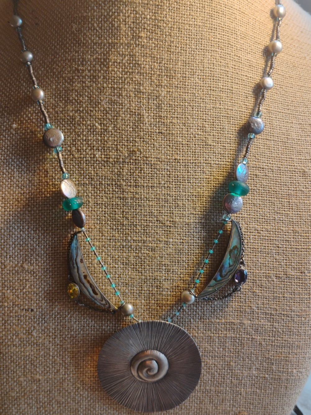 925 Silver Pearls Abalone Necklace With Two Gemstones